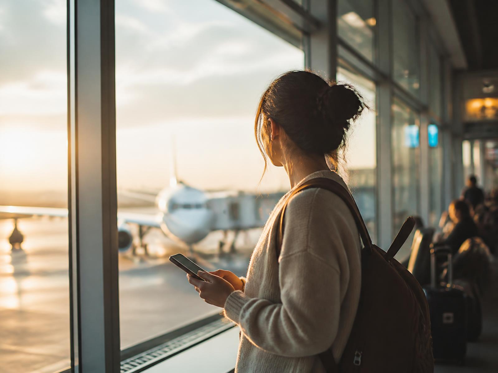 Traveller checking their phone by an airport window at sunset